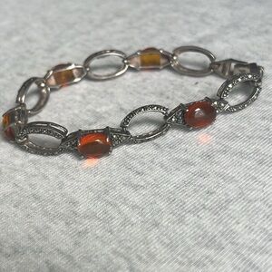 Amber cabochon and silver sterling marcasite tennis bracelet signed